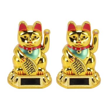 Imagem de ASHATA 2 PCS Braço Ondulante de Gato da Sorte Movido a Energia Solar, Pequeno Gato Acenando Solar Fortuna Acenando Decorações de Riqueza de Feng Shui de Boas-vindas para Escritório (Ouro)