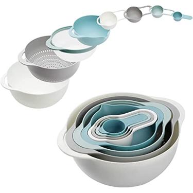 Imagem de Conjunto de 8 Tigelas Mistura Plástico com Xícaras Medidoras Coador Peneira Tigela Grande Apoio para Armazenamento Fácil Ótimo Cozinhar e Assar Livre