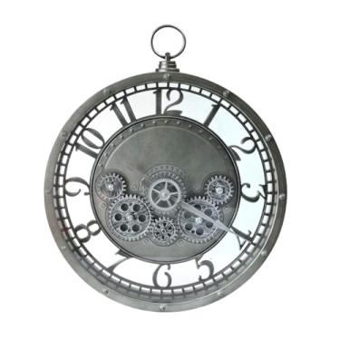Imagem de Relógio de Parede Vintage Decorativo, Engrenagens Visíveis, Acabamento Envelhecido, 26,7cm (PRATA)