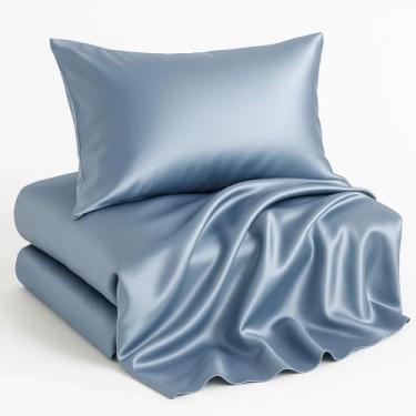 Imagem de Casa Platino Jogo de lençol solteiro de cetim - 3 peças - macio e suave como seda - 1 lençol com elástico, 1 lençol de cima e 1 fronha padrão - permanece macio após várias lavagens - Lençóis azuis
