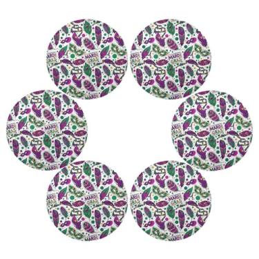 Imagem de Wassud Jogo americano conjunto de 6 tapetes de mesa redondos de penas de carnaval para cozinha e jantar tapetes laváveis resistentes ao calor para decoração de mesa 39 cm