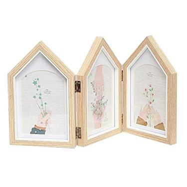 Imagem de Molduras para fotos de família, 3 porta-retratos dobráveis, 10 x 15 cm, três molduras articuladas, com tampa de vidro, suporte vertical na mesa ou mesa, moldura clássica (madeira c (cor da madeira