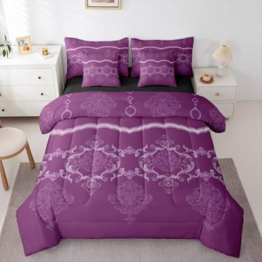 Imagem de Erosebridal Conjunto de edredom feminino gótico damasco branco roxo tamanho Queen 7 peças | Conjunto de cama barroca vitoriana em uma bolsa Paisley Estética para adultos e adolescentes