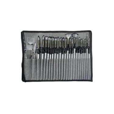 Imagem de Conjunto de Pincéis de Pintura, 24 Peças, Cerdas de Nylon, Cabo de Madeira, com Estojo Cinza, 38.5cm x 26cm, para Aquarela, Guache e Óleo