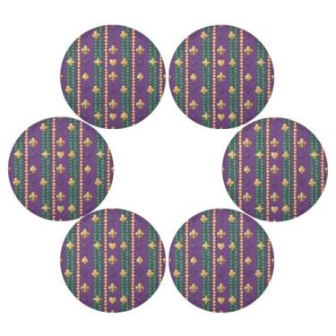 Imagem de Wassud Jogo americano conjunto de 6 tapetes de mesa redondos com listras flor-de-lis para cozinha e jantar tapetes laváveis resistentes ao calor para decoração de mesa 39 cm