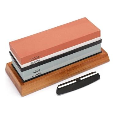 Imagem de Pedra de Amolar Facas Profissional 400/1000 + 3000/8000 – Whetstone Dupla Face em Coríndon, Kit Completo com Base Antiderrapante e Guia de Ângulo(Conjunto de 8 peças)
