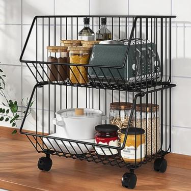 Imagem de Cesta empilhável de armazenamento para despensa, 2 3 4 5 camadas bancada/chão frutas vegetais enlatados lanches prateleira organizador de cozinha, suporte de exibição de boca chanfrada preto (cor