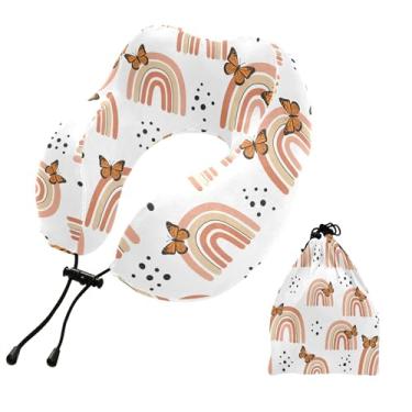 Imagem de Burbuja Almofada de pescoço de borboletas arco-íris para viagem, almofada de viagem de espuma viscoelástica para dormir, suporte de cabeça de avião de carro, lavável na máquina e portátil