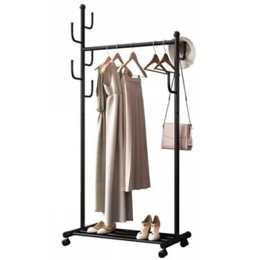 Imagem de Rack de roupas resistente com prateleiras e 5 ganchos, rack de roupas de metal sobre rodas, organizador de roupas portátil para pendurar roupas, economia de espaço independente C (tamanho: 60 x 45 x