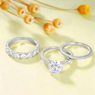 Imagem de 3 peças/conjunto de anéis de noivado solitário de zircônia para mulheres anéis empilháveis de casamento, Cobre, Zircônia cúbica