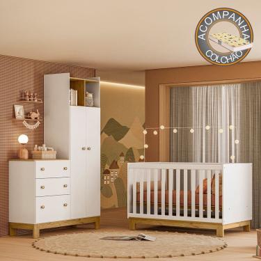 Imagem de Quarto de Bebê com Berço Slim e Guarda Roupa com Cômoda Flora Branco Acetinado Qmovi + Colchão Gazin