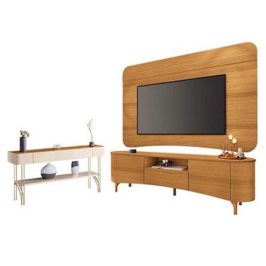 Imagem de Rack Bancada Elara e Painel Armony Cinamomo com Aparador Vivant Off White Cinamomo - HB Móveis