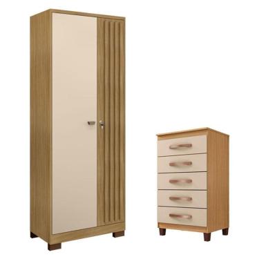 Imagem de Cômoda Cannes 5 Gavetas com Armário Multiuso Versatile 2 Portas com Chave Carvalho Americano Off White - Incorplac– Incorplac