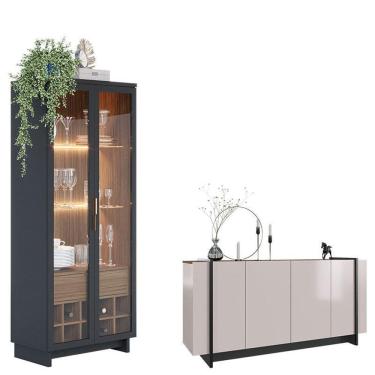 Imagem de Cristaleira Guanabara Preto Acetinado Noce Milano com Aparador para Sala Buffet Copacab...