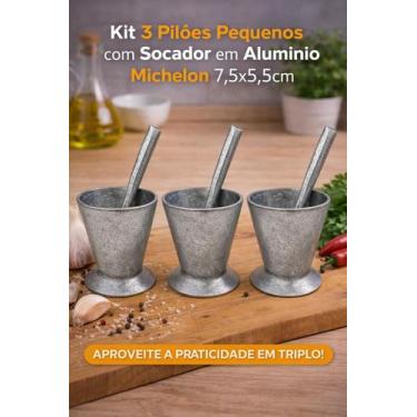 Imagem de Kit 3 Pilão Pequeno com Socador em Alumínio 7,5x5,5 cm - Michelon