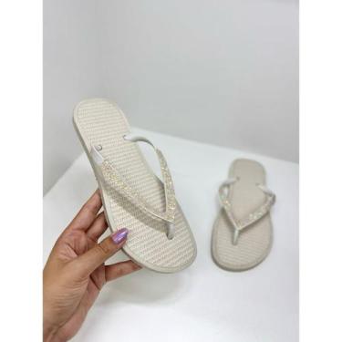 Imagem de Chinelo Rasteiras Feminino Strass Luxo - San Andres, Off brilhante, 35