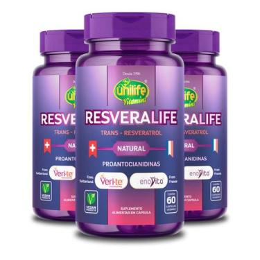Imagem de Kit 3 Trans Resveratrol Resveralife Unilife 60 Cápsulas