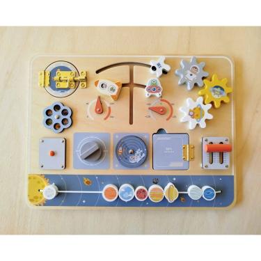Imagem de Quadro Educativo em Madeira Infantil Controle Espacial com Engrenagens Botões e Peças
