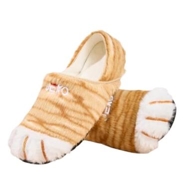 Imagem de Pantufas fofas de gato felpudas para mulheres e homens – Sapatos macios e fofos listrados para uso interno com forro de pelúcia quente, sola antiderrapante, chinelos aconchegantes para quarto de