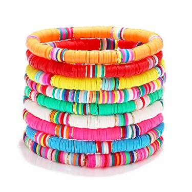 Imagem de XOCARTIGE Pulseiras de surfista Heishi para mulheres, empilháveis, arco-íris, disco, argila, contas elásticas, pulseiras da amizade, boho, verão, praia, joias, Large, Vinil, Pérola