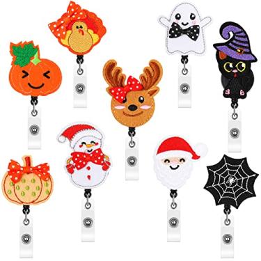 Imagem de 9 peças de carretéis de crachá de feltro retrátil suporte de crachá de enfermagem Halloween ID clipe de crachá de identificação retrátil decorativo de Natal para Dia de Ação de Graças clipe de etiqueta de nome para estudante, profess