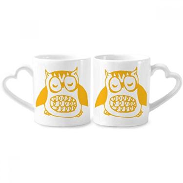 Imagem de Conjunto de canecas de porcelana para amantes de animais de estimação de coruja gorda dos desenhos animados para casais com coração de cerâmica