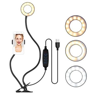 Imagem de Sunbaca 3,5 polegadas Clip-On Mini USB Ring Light 3 modos de iluminação Regulável Braços flexíveis Design com suporte para telefone de montagem na webcam