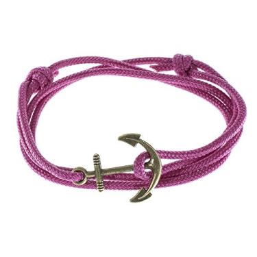 Imagem de West Coast Paracord Pulseiras masculinas ajustáveis com âncora náutica e anzol - Feito de corda de nylon (Fúcsia, âncora de bronze), Metal