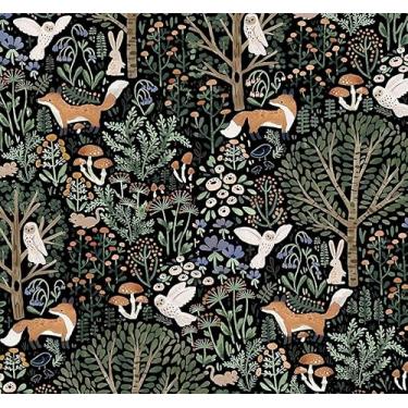 Imagem de Papel de parede vintage preto escuro fada floresta animais cogumelo raposa coruja descascar e colar autoadesivo removível fácil de retirar papel de parede para armário de quarto adequado para