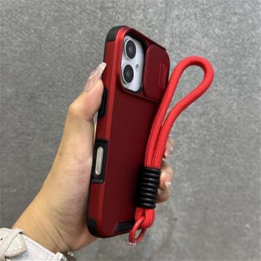Imagem de Capa protetora para lente de câmera deslizante, alça de pulso, cordão de mão, capa de telefone para iPhone 15, 11, 12, 13, 14, 16 Pro Max Plus, capa rígida à prova de choque, vermelha, para iPhon
