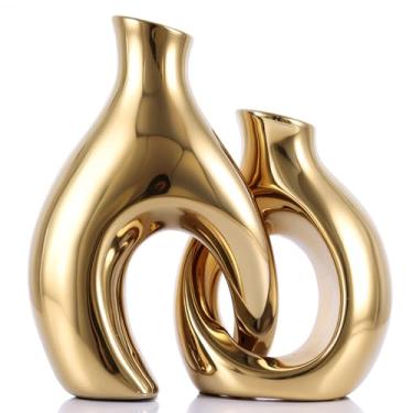 Imagem de Conjunto de 2 vasos de cerâmica para decoração de casa, vasos esculturais entrelaçados abstratos dourados, peça central de cerâmica decorativa para sala de estar, mesa de jantar ou entrada, presente