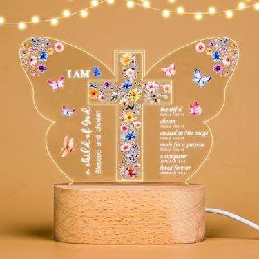 Imagem de Presente de batismo para meninas e meninos, presentes de chá de bebê, presente de luz noturna com cruz de borboleta para batismo, afilhado, primeira comunhão, confirmação, Páscoa, Natal | Presente de