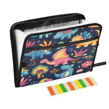 Imagem de CEBUGI Pasta expansível de 13 bolsos, impermeável, sanfonada, organizador de arquivos com etiquetas tamanho A4, organizador de documentos de papel para escola, material de escritório, dinossauros