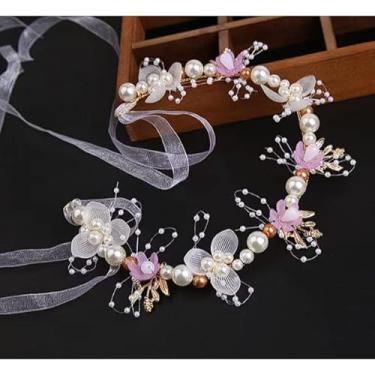 Imagem de Tiara Infantil Daminha de Honra com Flores e Pérolas Coroa de Flores Dourada e Branca para Casamento (Tiara Violeta)