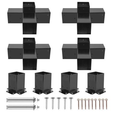 Imagem de Suportes de pérgola, pacote com 4 kit de pérgula - suporte de canto de ângulo reto de 4 vias e base de poste de madeira de pérgola DIY, para 10 x 10 cm (real: 9,5 x 8,5 cm) usado para kit de pérgola