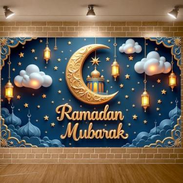 Imagem de Ramadã Festival Islâmico Lua Crescente Lanterna Decoração Cena Mesquita Mubarak Exibição Lua Crescente Padrão Estrelado Banner Islâmico Para Decoração de Casa Mesquita Evento