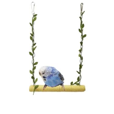 Imagem de Brinquedo de balanço de gaiola de pássaro para pendurar, poleiro de papagaio de madeira natural com corda de cânhamo colorida, poleiro de pássaro pendurado com suporte, brinquedos de pássaros de madeira, calopsita (amarelo)