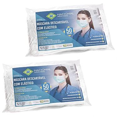 Imagem de Embalagem com 100 Unidades de Máscara Branca Descartável Tripla com Filtro Meltblown + Clipe Nasal