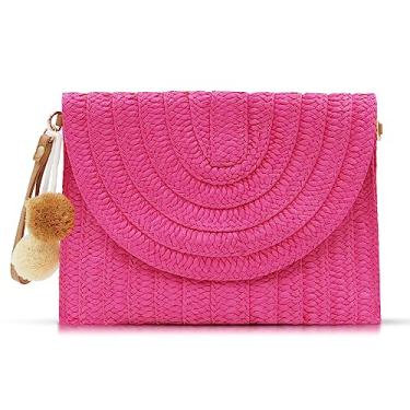 Imagem de QTKJ Bolsas transversais para mulheres, bolsas clutch de palha, pacote envelope de tecido boêmio feito à mão, rosa