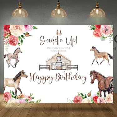 Imagem de Rsuuinu Pano de fundo de cavalo, feliz aniversário, sela, celeiro, fazenda, rosa, floral, fotografia, caubói, vaqueira, artigos de decoração de festa de aniversário, banner, mesa de bolo, suporte de