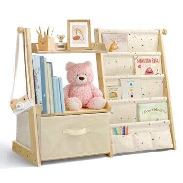 Imagem de wooshwa Estante infantil e organizador de brinquedos 2 em 1, prateleira de livros para quartos de crianças com caixa de brinquedos móvel, suporte para livros de 4 níveis para berçário, quarto, sala de