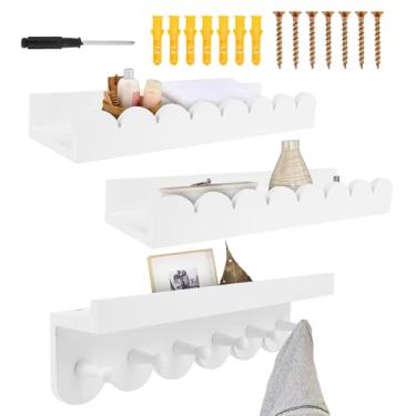 Imagem de Prateleiras de parede para quarto de crianças com ganchos, prateleira de livros de madeira de 40 cm para bebês, meninos, meninas, quarto, banheiro e decoração, prateleira flutuante montada na parede