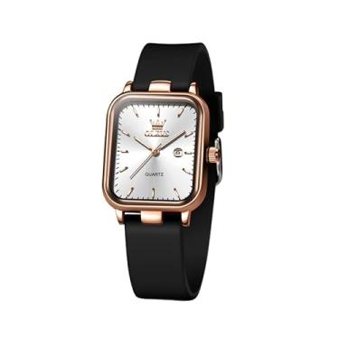 Imagem de OLEVS Relógio feminino de quartzo, mostrador quadrado, analógico, silicone, impermeável, clássico, design elegante, presente ideal para uso diário, Ouro rosa W-7089