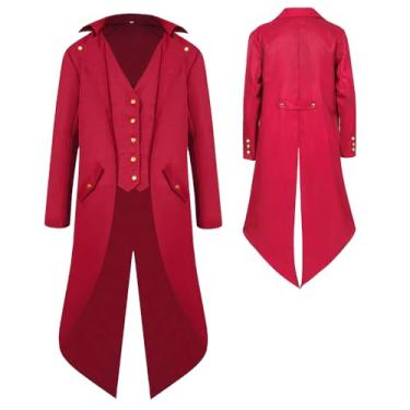 Imagem de KDAFJLKD Fantasia de roupas medievais, casaco steampunk masculino, fantasias de vampiro renascentista de Halloween para adultos (vermelho, 5GG)