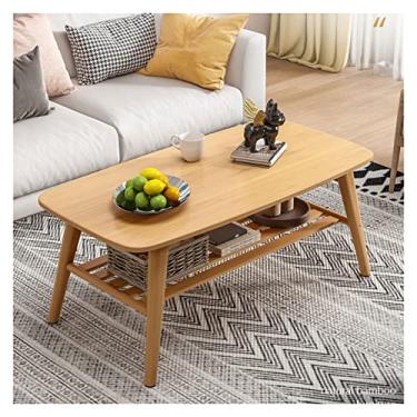 Imagem de Mesa de centro de 2 níveis com prateleira de armazenamento para sala de estar de apartamento pequeno, mesa de canto lateral retangular de bambu e estável, mesa de centro marrom rústica para sala de estar (cor: marrom claro