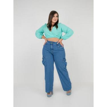 Imagem de Calça Jeans Feminina Wide Leg Plus Size Cargo Bolsos Laterias Ref: 005