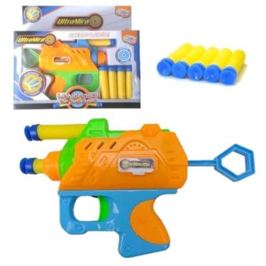 Imagem de PISTOLA ARMA LANÇA DARDOS BRINQUEDO INFANTIL LANÇADOR DE 5 DARDOS MACIOS DE ESPUMA MAIS SEGURO QUE GRUDA ULTRA MIRA ARMINHA PRESSÃO ATIRA ACERTE O ALVO COM SEGURANÇA 15 CM