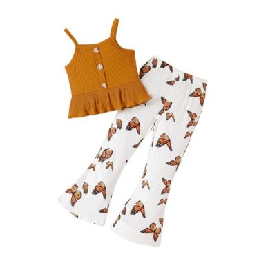 Imagem de Floerns Conjunto de 2 peças de blusa e calça rodada com babados para meninas, Marrom e branco, 6Y