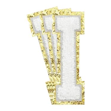 Imagem de 3 Pçs Remendos de Chenille Letras Douradas Glitter Ferro em Remendos de Letras Varsity Remendos Bordado de chenille Remendos Costurados para Roupas Chapéu Bolsas Jaquetas Camisa (Ouro, I)