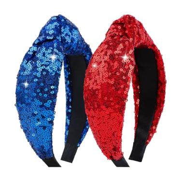 Imagem de Lanmerry Roupas femininas de 4 de julho com nó de lantejoulas patrióticas, vermelho, azul, brilhante, bandeira americana, acessórios de cabelo do Dia da Independência dos EUA